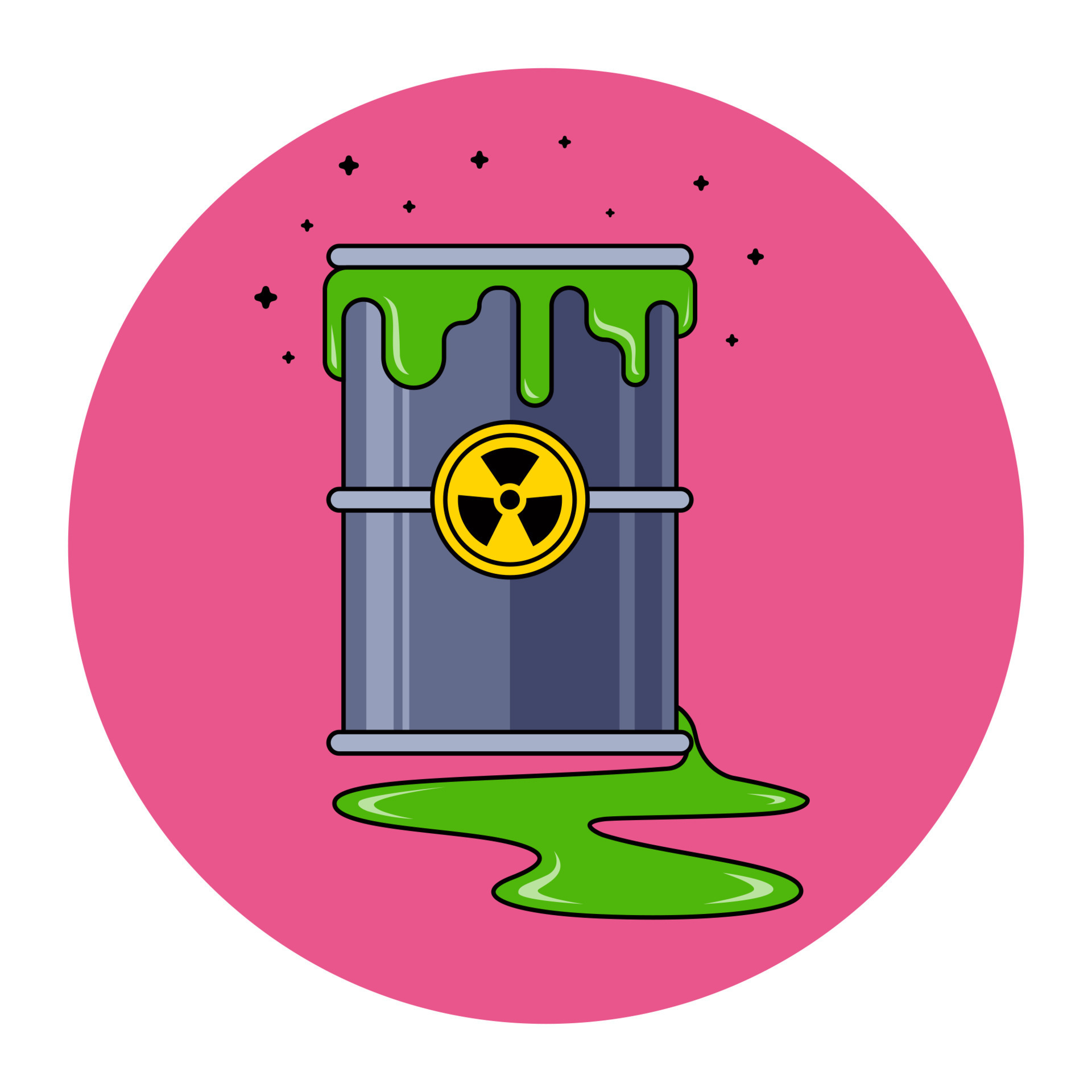 Radioactive substance spilled on the floor from a fallen barrel. flat