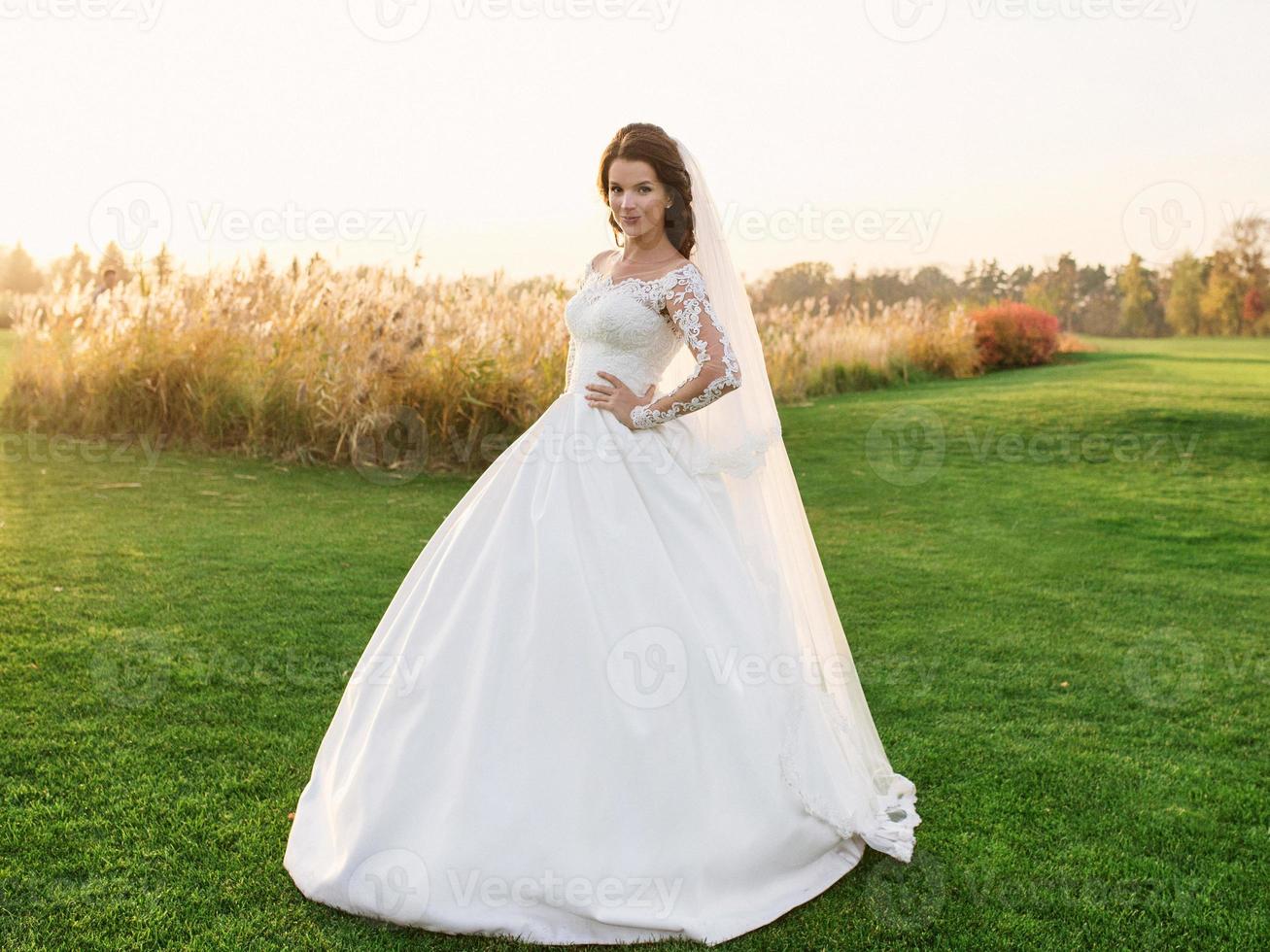 retrato de una bella y atractiva mujer caucásica novia con un vestido  blanco tradicional europeo de pie en el campo sobre el fondo de la  naturaleza 7755758 Foto de stock en Vecteezy