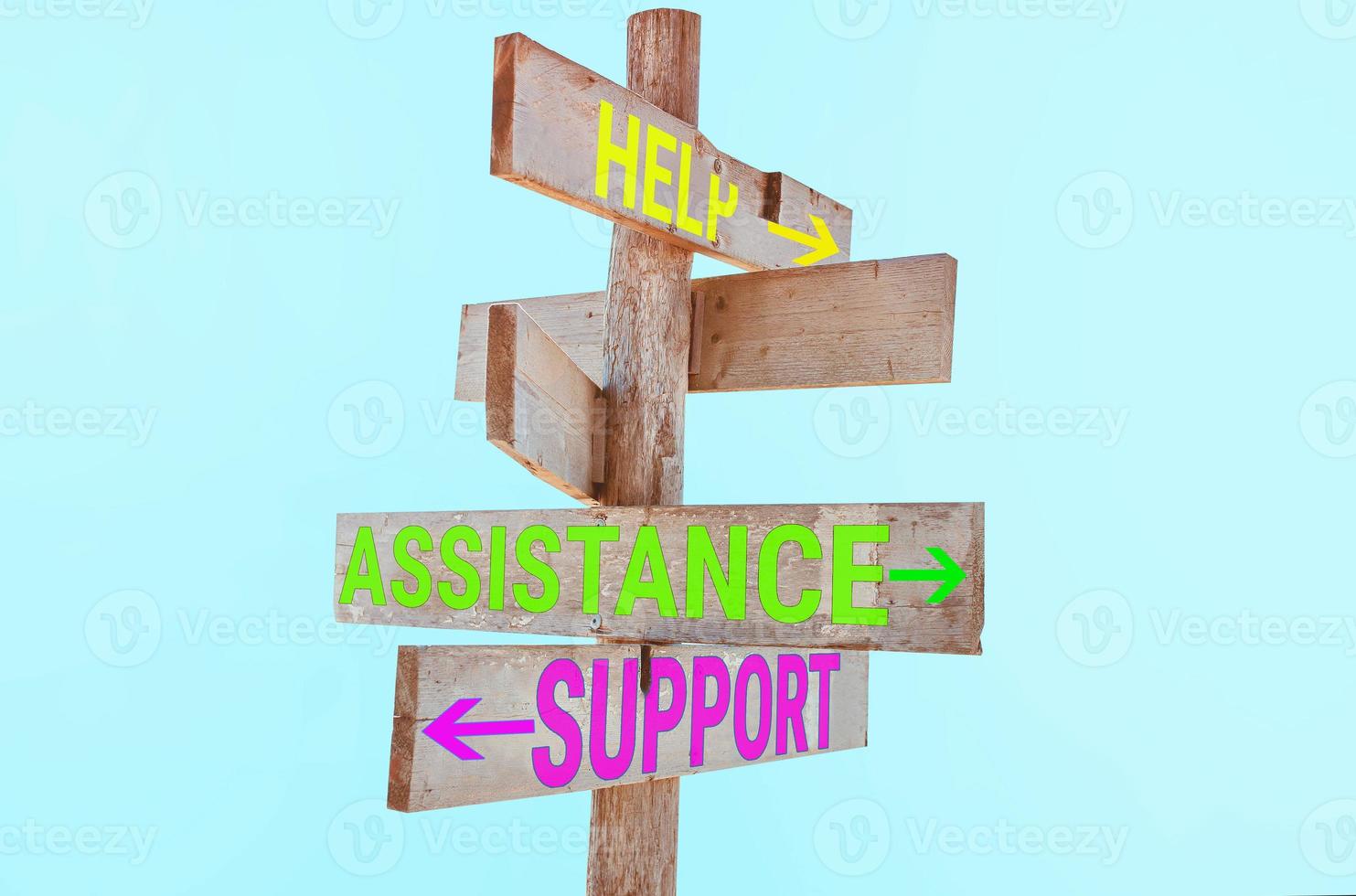 Wooden road sign with words help, support, assistance photo