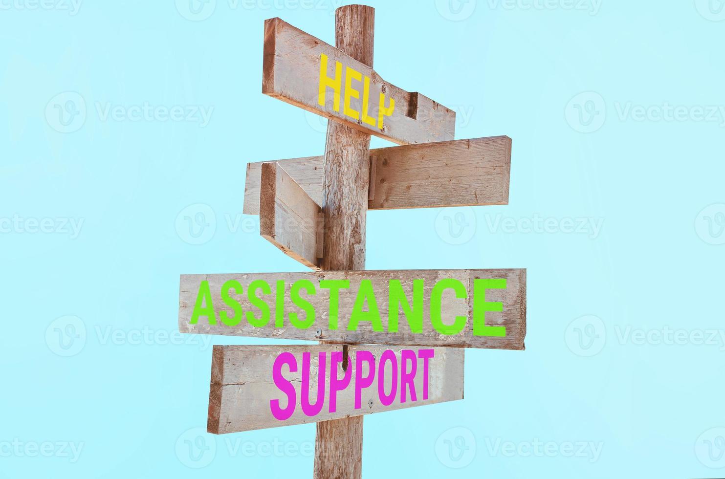 Wooden road sign with words help, support, assistance photo