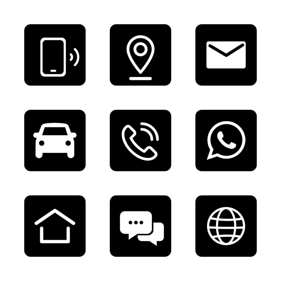 Informational black square icons. Letter, home, car, phone, internet, social networks vector