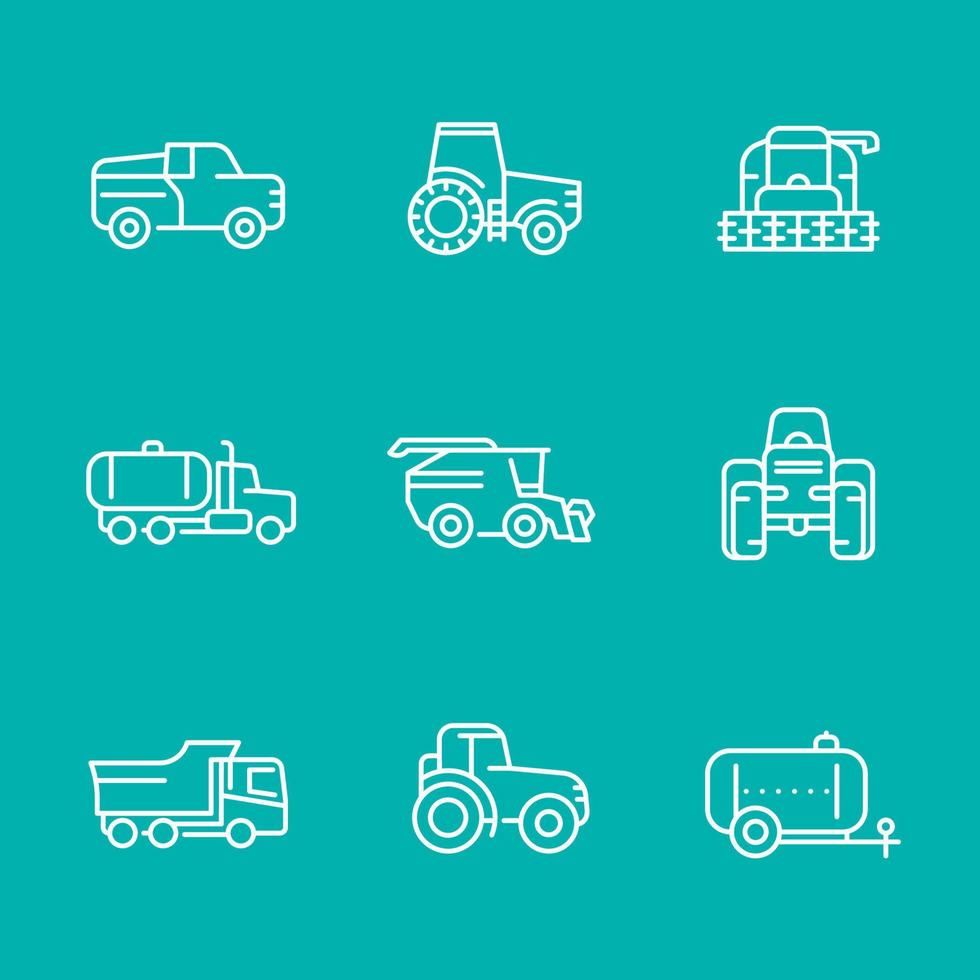 Agricultural machinery line icons, tractor, harvester, agricultural vehicles, harvesting combine, truck, pickup, isolated icons, vector illustration