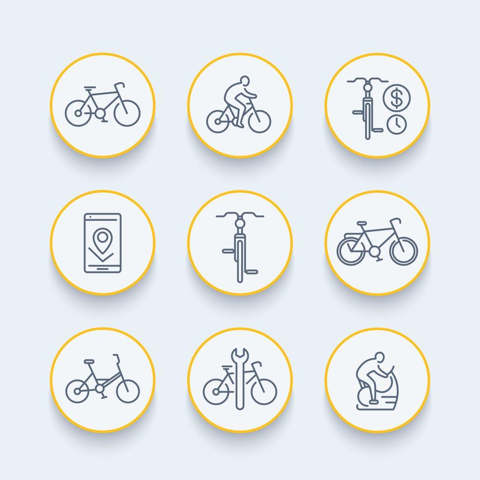 Cycling line icons, cyclist, bicycle, bike repair, pictograms, round icons set, vector illustration