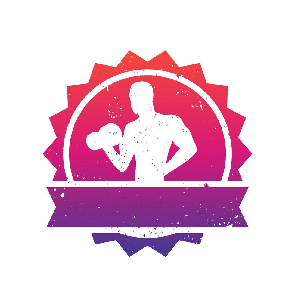 Fitness badge with posing athlete, bodybuilder, gym logo over white vector