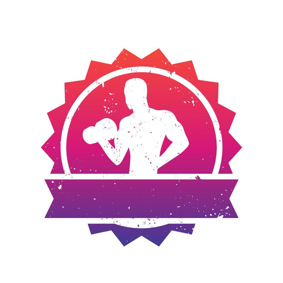 Fitness badge with posing athlete, bodybuilder, gym logo over white vector