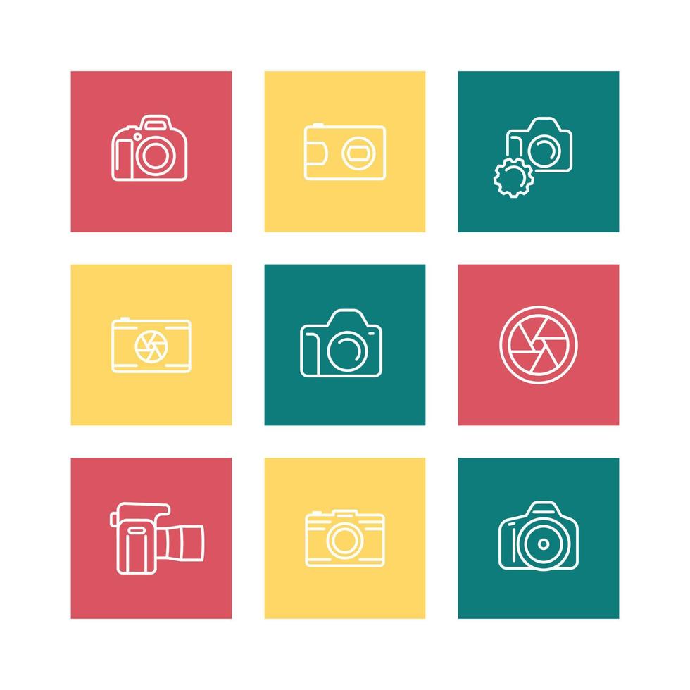 camera, photography line icons, dslr, aperture, slr camera square icons isolated on white, vector illustration