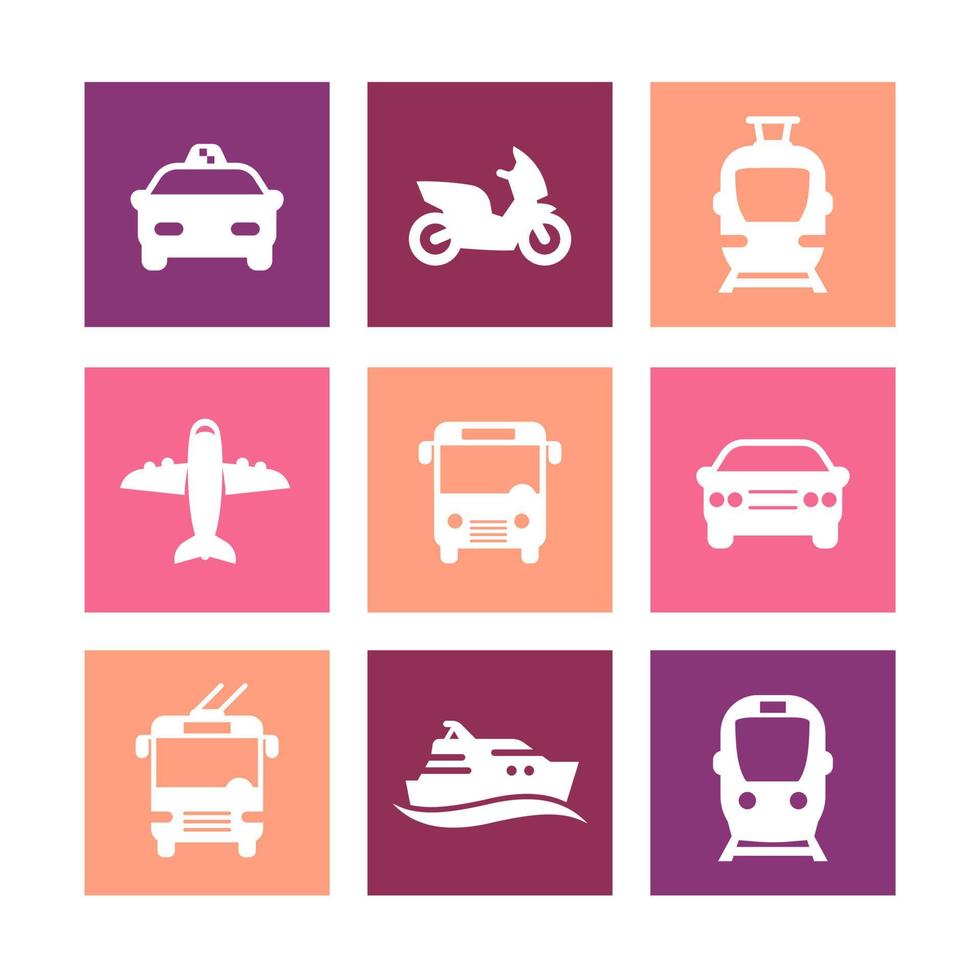 Passenger transport icons, public transportation vector, bus, subway, tram, taxi, airplane, ship, simple icons on color squares, vector illustration