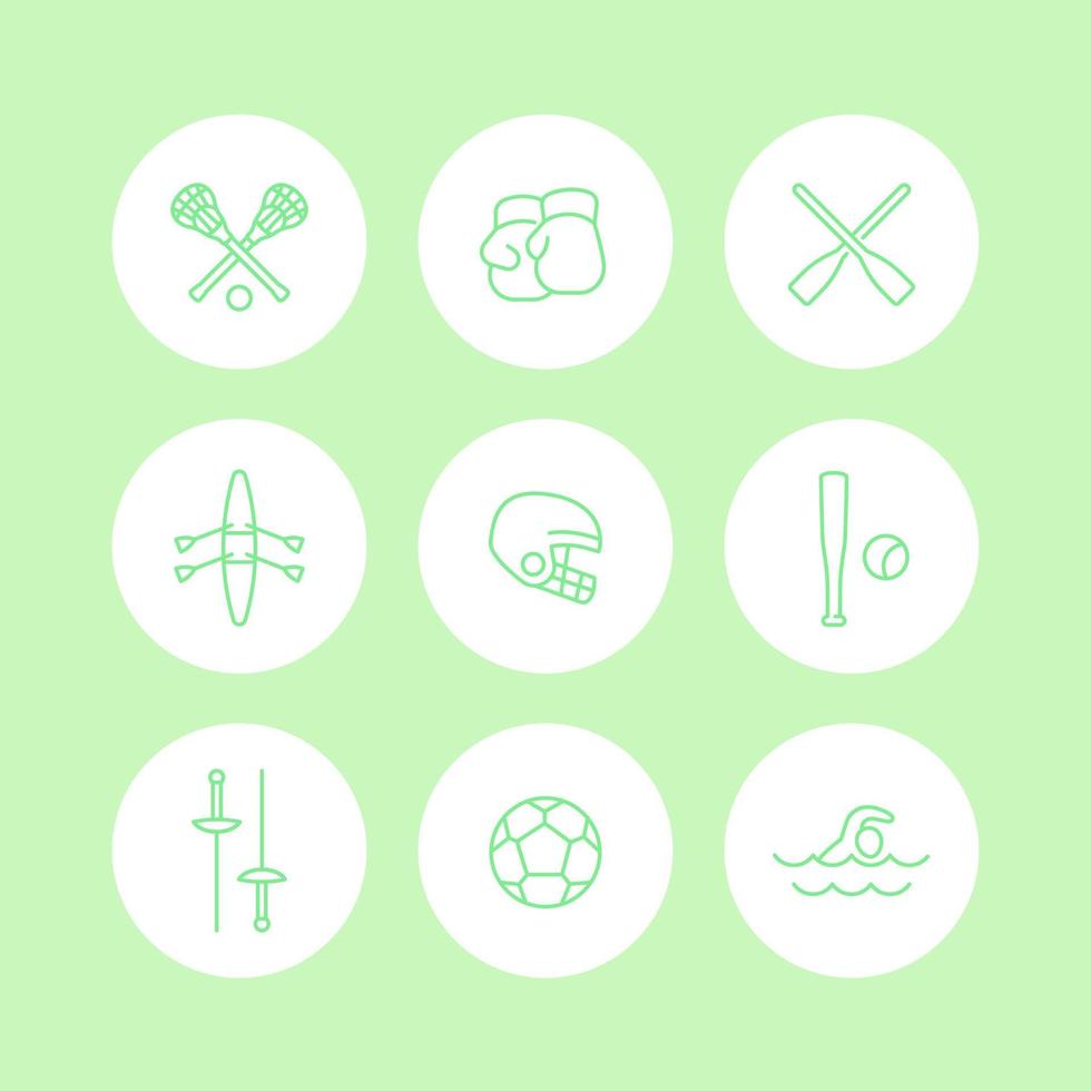 sports and games line icons, round sports signs, boxing, fencing, lacrosse, football, isolated icons set, vector illustration