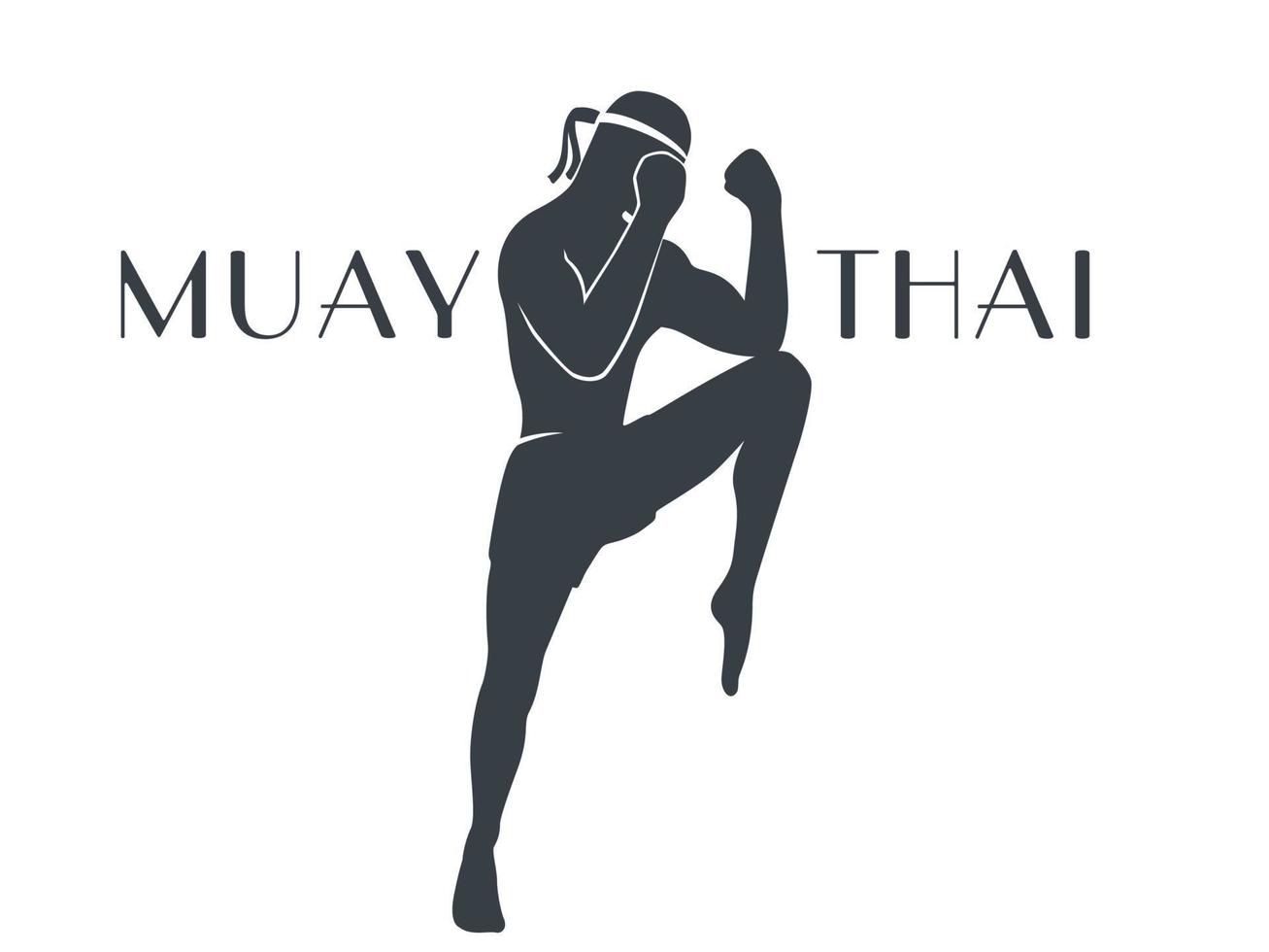 silueta de atleta muay thai en blanco, boxeador masculino en una posición de lucha defensiva, elemento de logotipo, estampado de camiseta vector