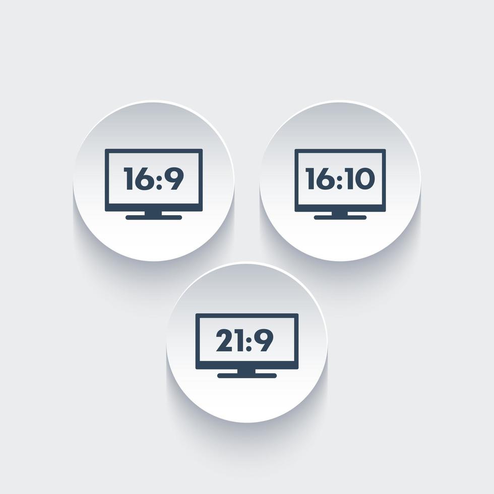 Aspect ratio icons, widescreen tv, 16 9, 16 10, 21 9 monitors vector