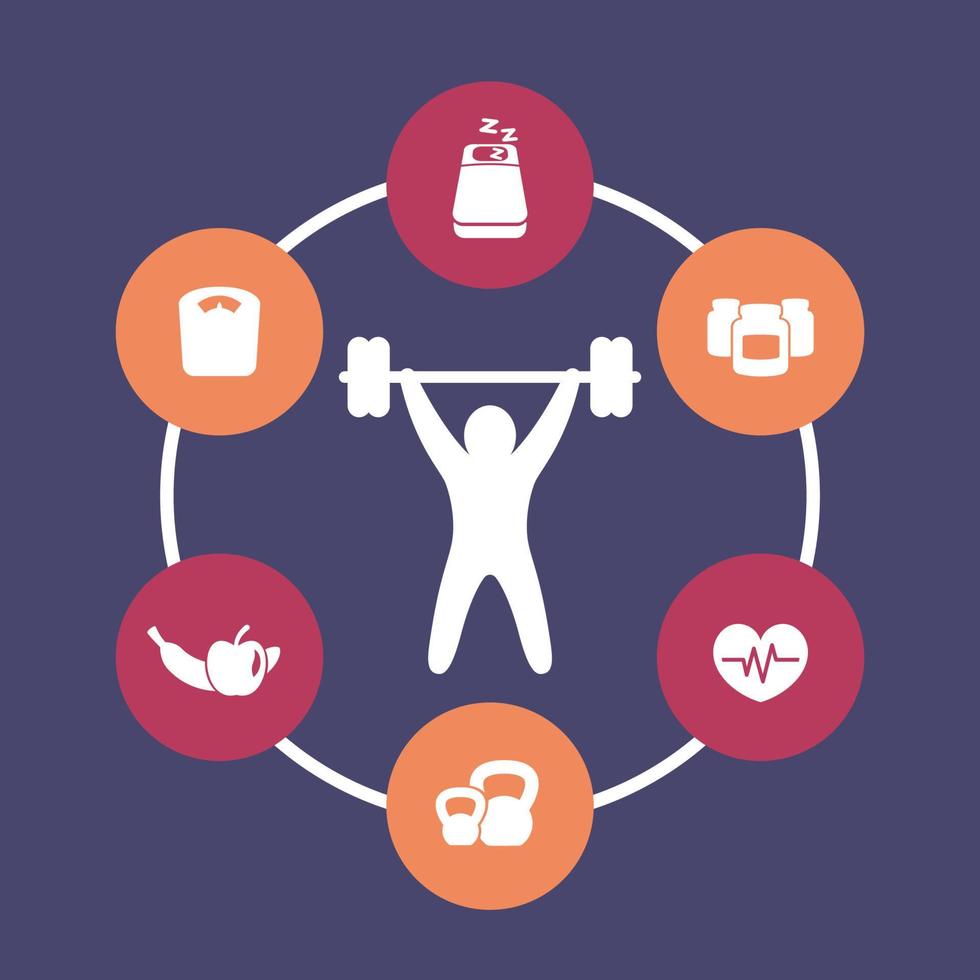 aspects of weightlifting, round icons set, vector illustration