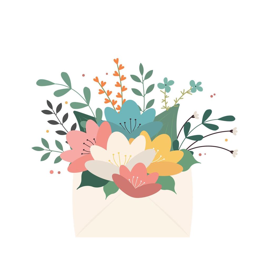 tarjeta de felicitación con sobre y flores. postal el 8 de marzo, día de la madre vector