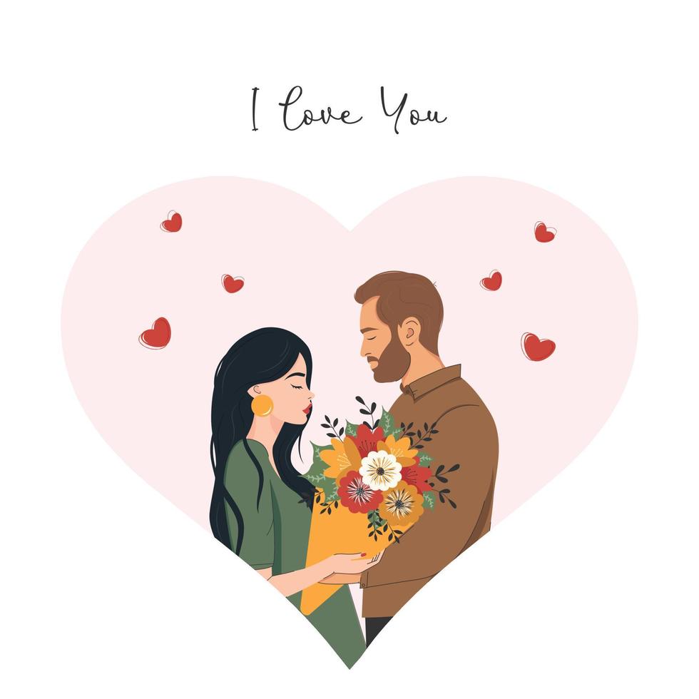 una feliz pareja enamorada. fondo en el corazón. jóvenes en el día de san valentín. amantes celebrando una cita romántica. idea de relación y amor. vector