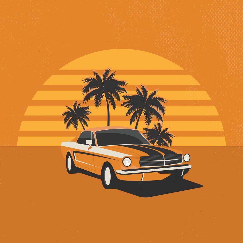 Vector illustration of an American muscle car with sunset and retro-style palm trees.
