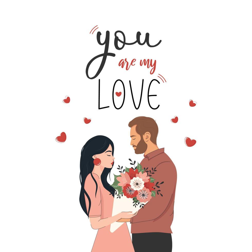 A happy couple in love. Young people on Valentine's Day. Lovers celebrating a romantic date. Idea of relationship and love. Isolated vector illustration in cartoon style