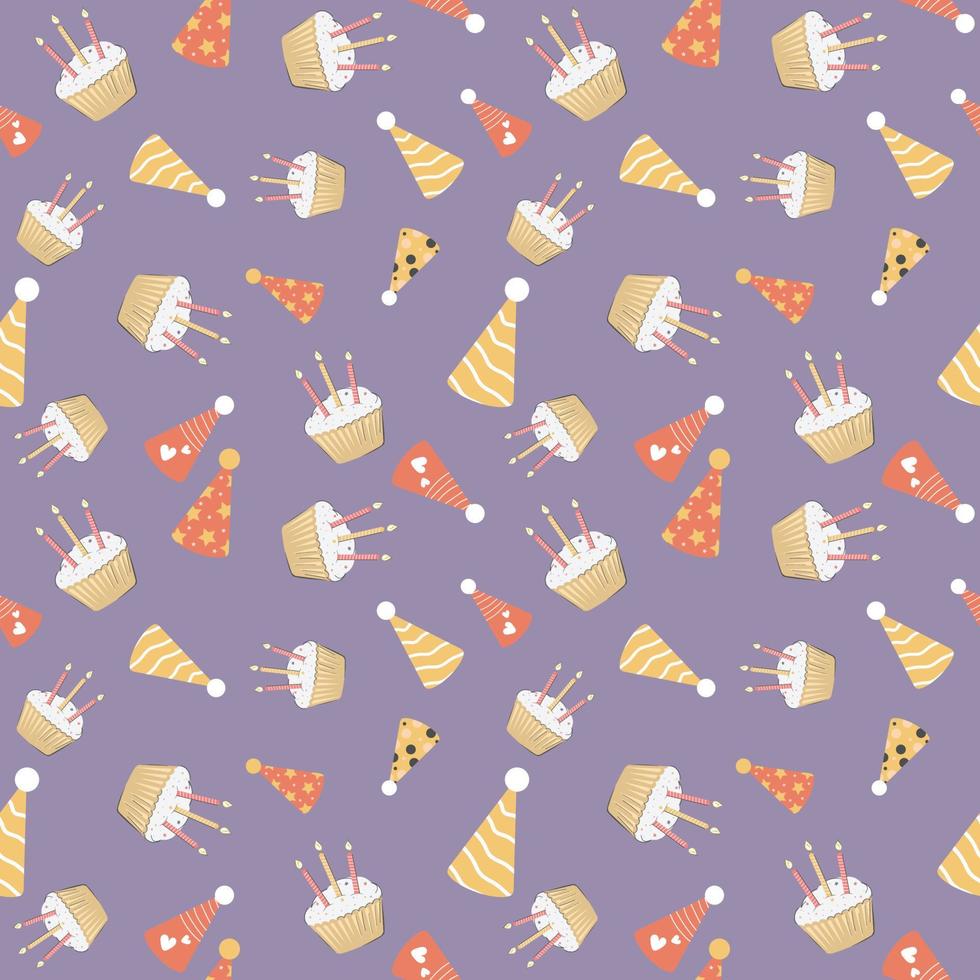 Festive seamless birthday pattern with multi-coloured hubcaps and cake vector