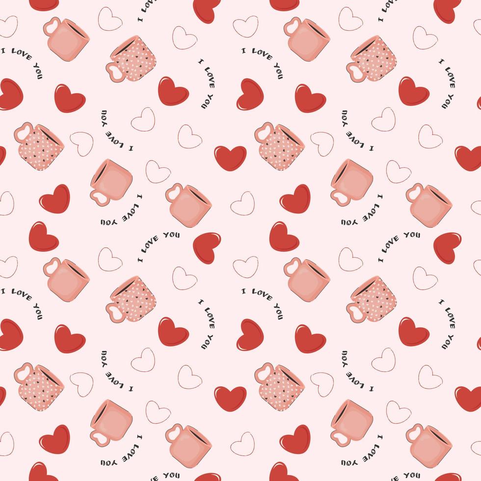 Abstract seamless pattern of hearts and cups, text. Image for a poster or cover. Repeating texture. Figure for textiles. vector