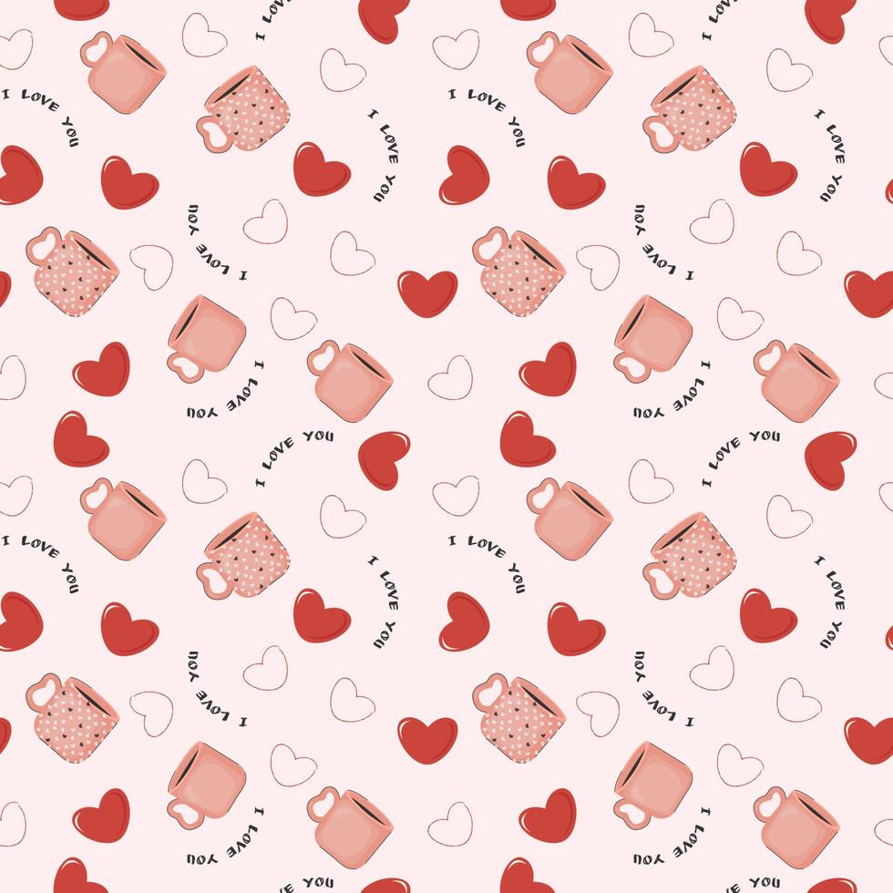 Abstract seamless pattern of hearts and cups, text. Image for a poster or cover. Repeating texture. Figure for textiles. vector