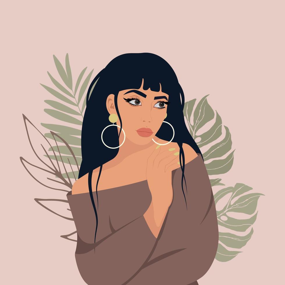 retrato de una chica hermosa. jovencita morena con flecos. avatar para redes sociales. moda y belleza. ilustración vectorial brillante en estilo plano. vector