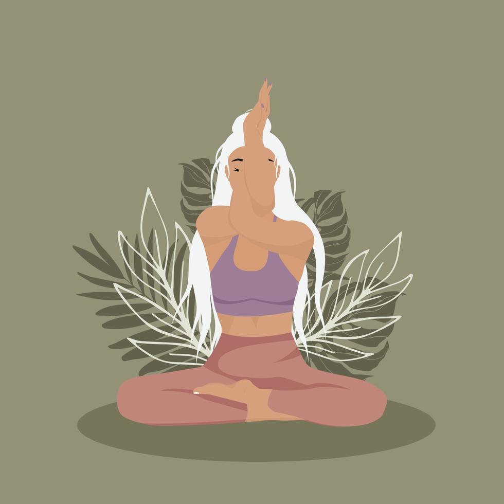 increíble chica en posición de loto en yoga. practicando yoga sobre fondo verde. mujer joven y feliz meditando. vector