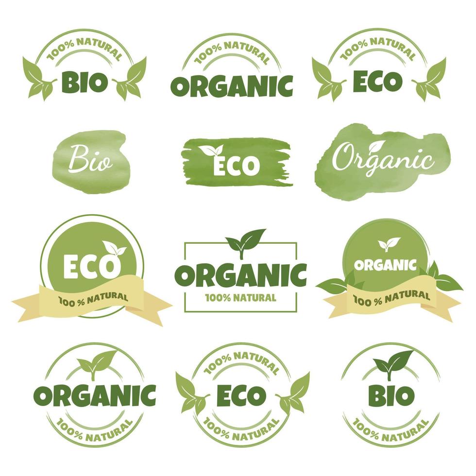 Set of eco, bio, organic, natural products. Natural product. Collection of emblems, badges, labels, packaging. Vector illustration.