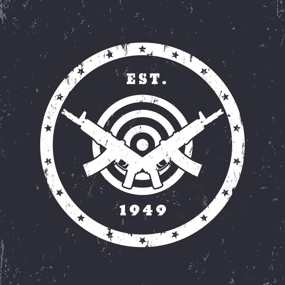 emblema vintage redondo con rifles automáticos, logo con armas y objetivo, ilustración vectorial vector