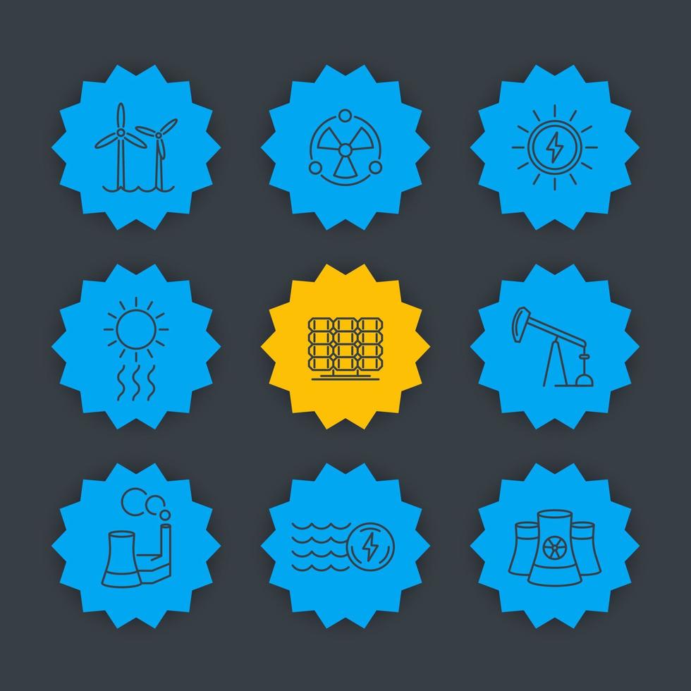 conjunto de iconos de línea de producción de energía, energía solar, eólica, energía nuclear, fuentes de energía alternativas y tradicionales vector