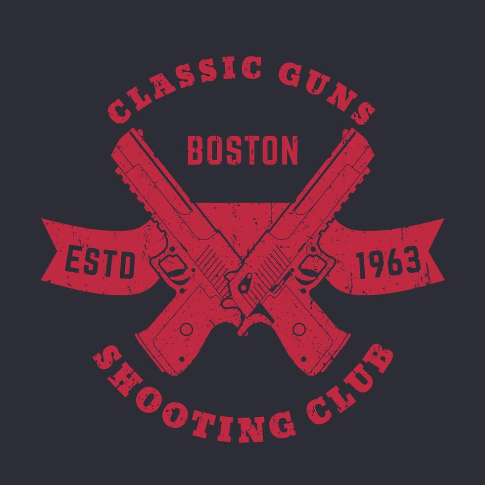 Classic Guns emblem, logo with crossed powerful pistols, guns, red print with two handguns on ribbon, vector illustration