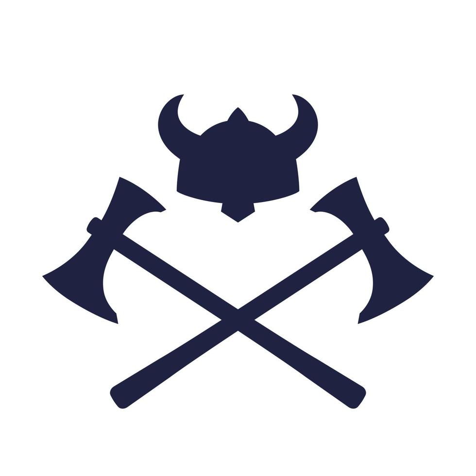 Vikings helmet and crossed axes on white, vector