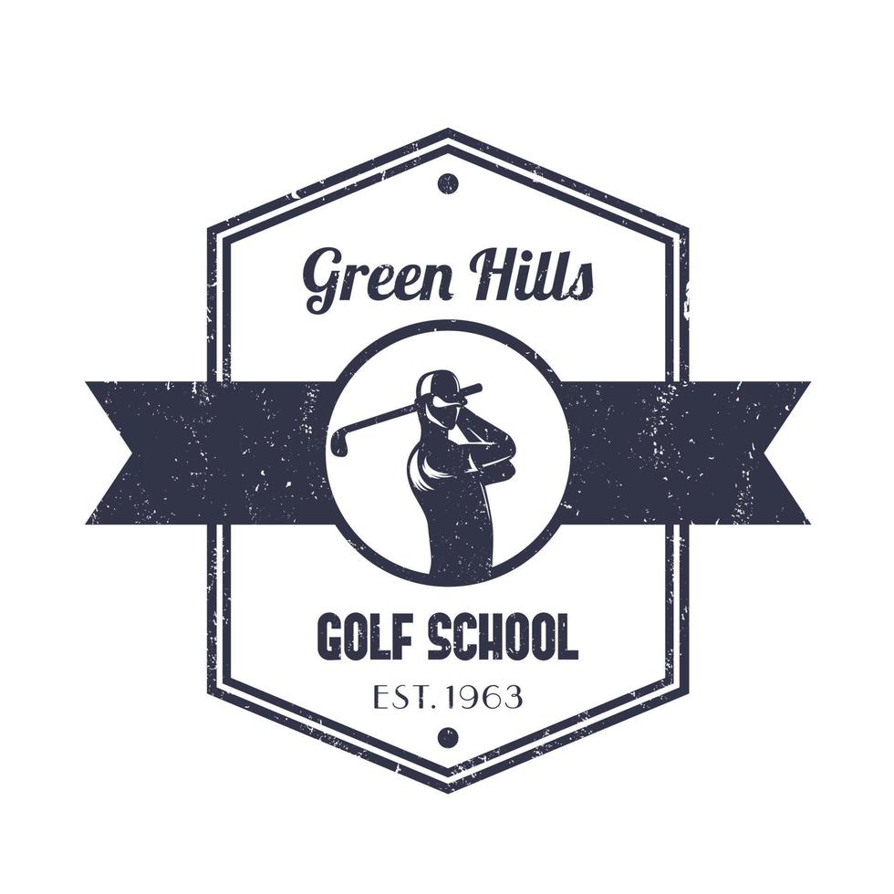 Golf school vintage logo over white, badge, emblem with golfer vector