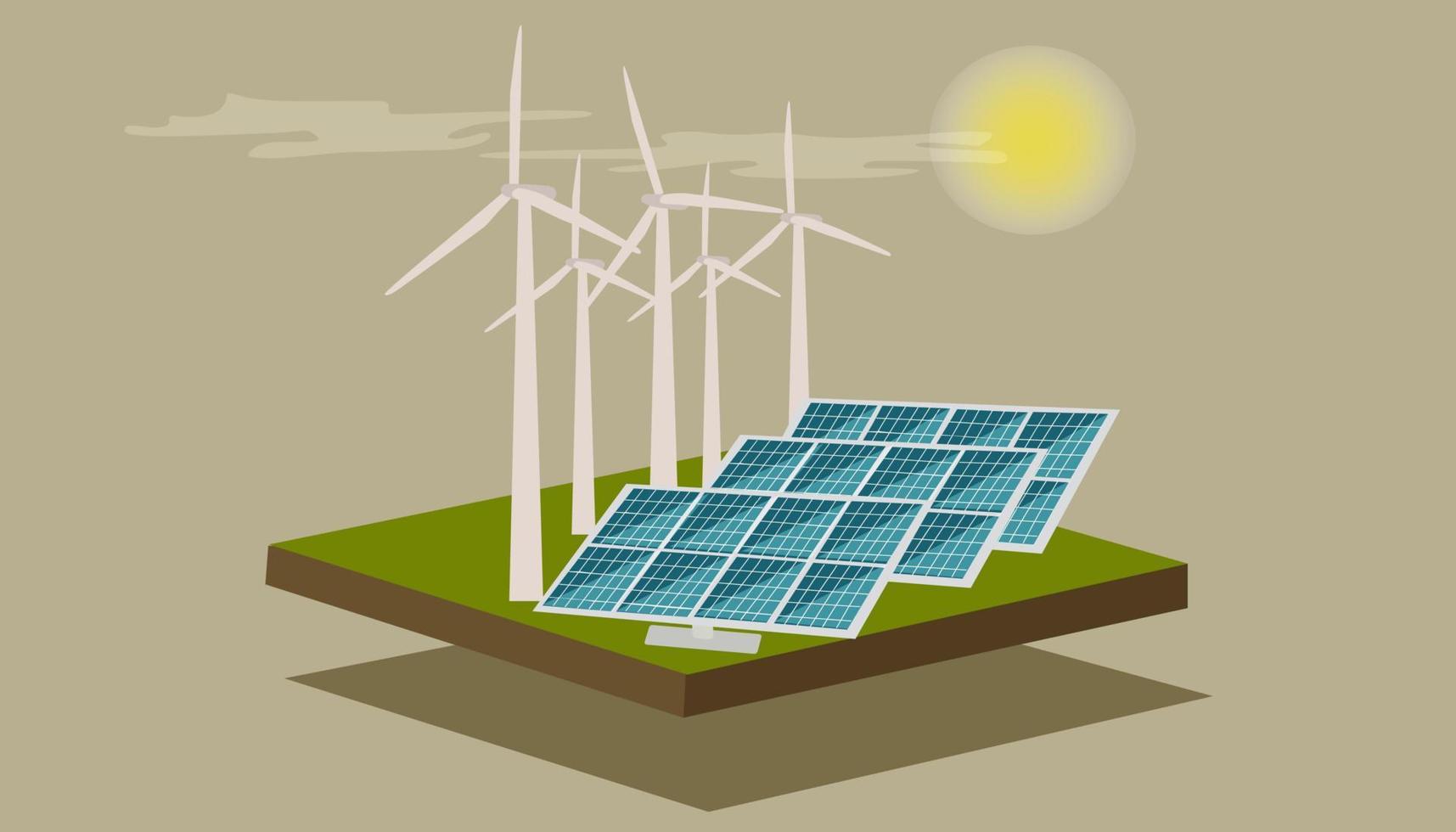 Illustration of a clean way to make electric power from renewable sources of the sun and wind. vector