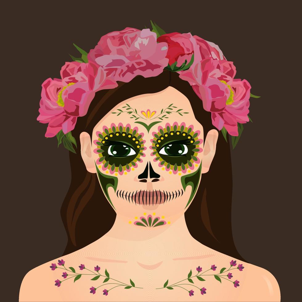 Woman with make up of Catrina face. Mexican Day of the Dead. Dia de Los Muertos. vector