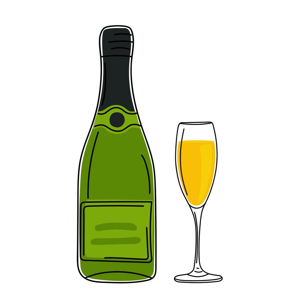 botella de champán verde dibujada a mano y copa de vino. vector