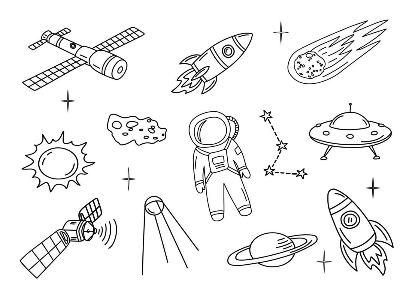 Set of space objects and symbols in the doodle style. vector