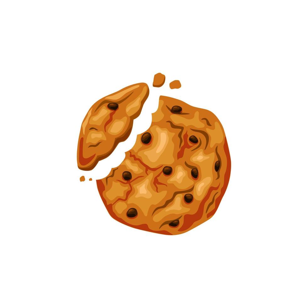 Bitten cookies with chocolate chips. Delicious homemade cakes. Vector cartoon background.