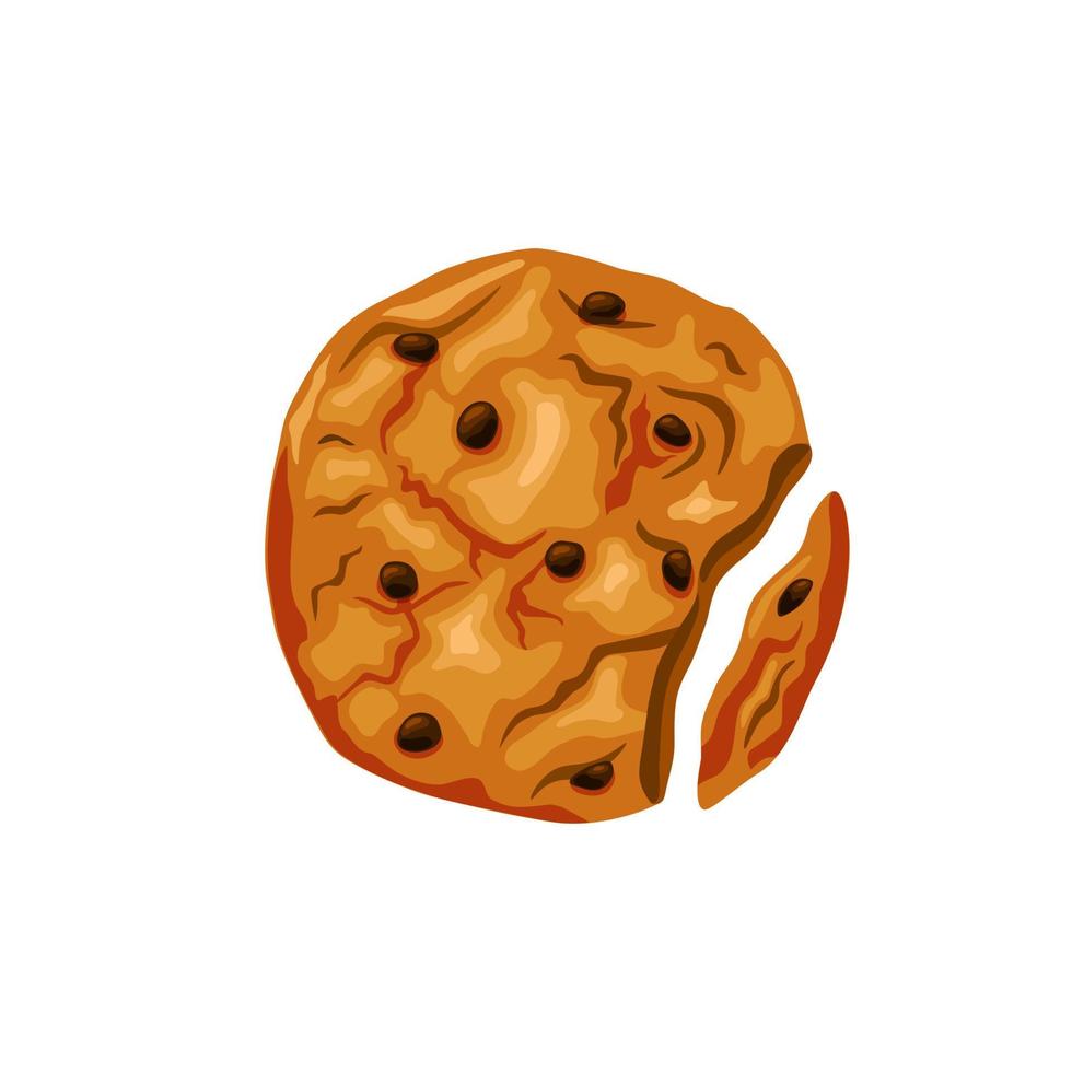 Bitten cookies with chocolate chips. Delicious homemade cakes. Vector cartoon background.