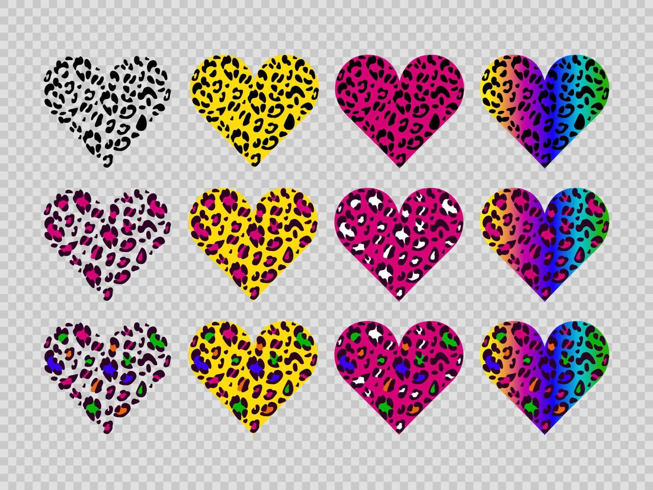 Multicolored leopard texture hearts. Rainbow, yellow and pink symbols.Vector heart - symbol of love. Perfect for design of blog ,banner,poster,fashion,web sites,apps,card, vector