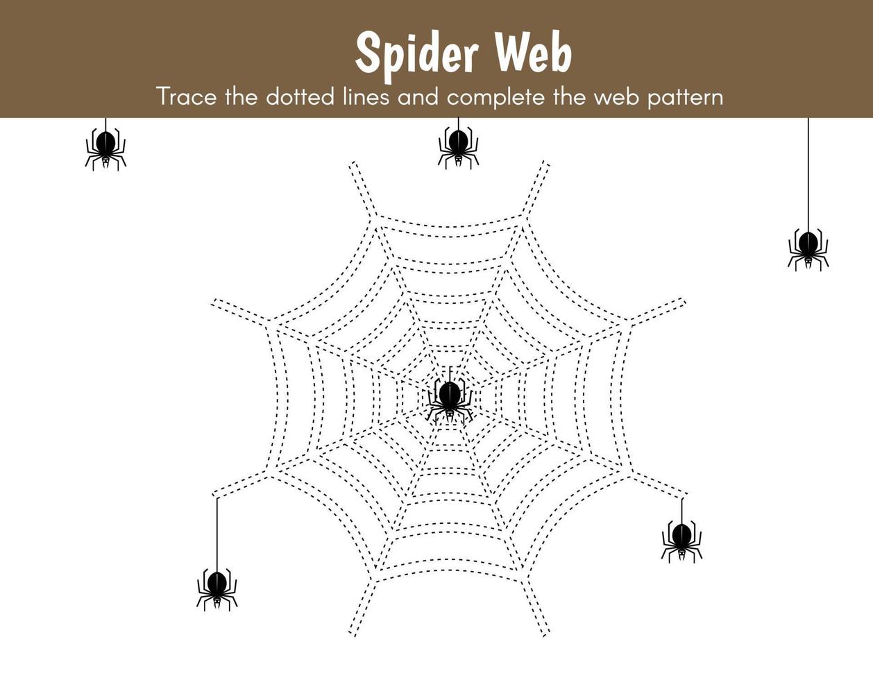 Trace and coloring activity for kids. Drawing worksheet for preschool kids with easy gaming level of difficulty, a simple educational game of spider's web with hanging spiders. vector