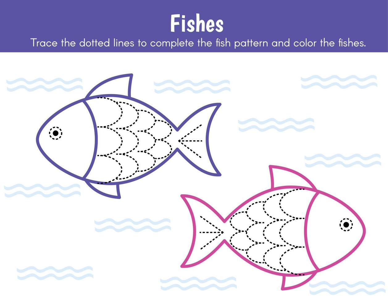 Fishes. Preschool worksheet for practicing fine motor skills. Tracing Worksheet. vector