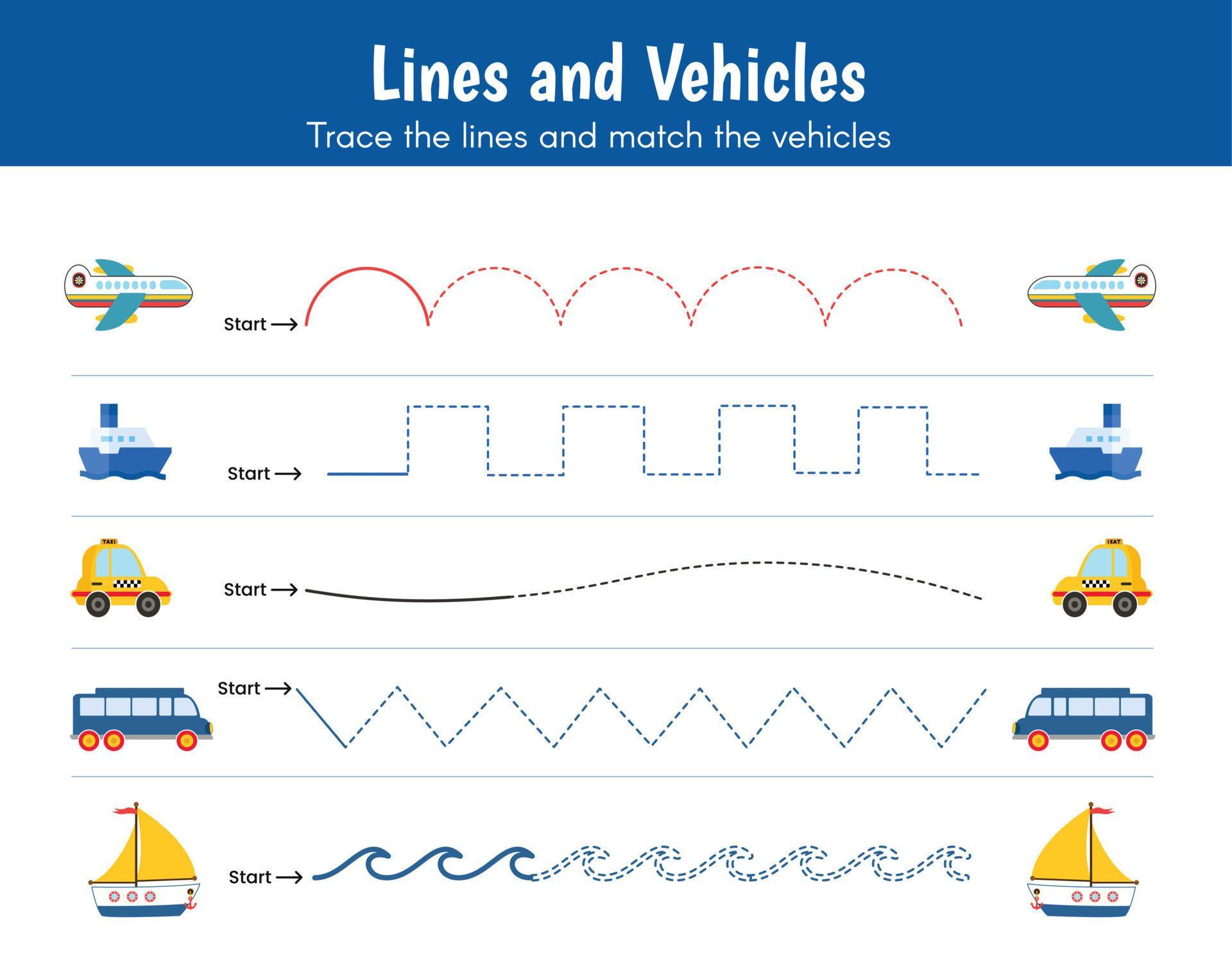 Preschool worksheet, trace the curved, zig zag, wavy lines to match the