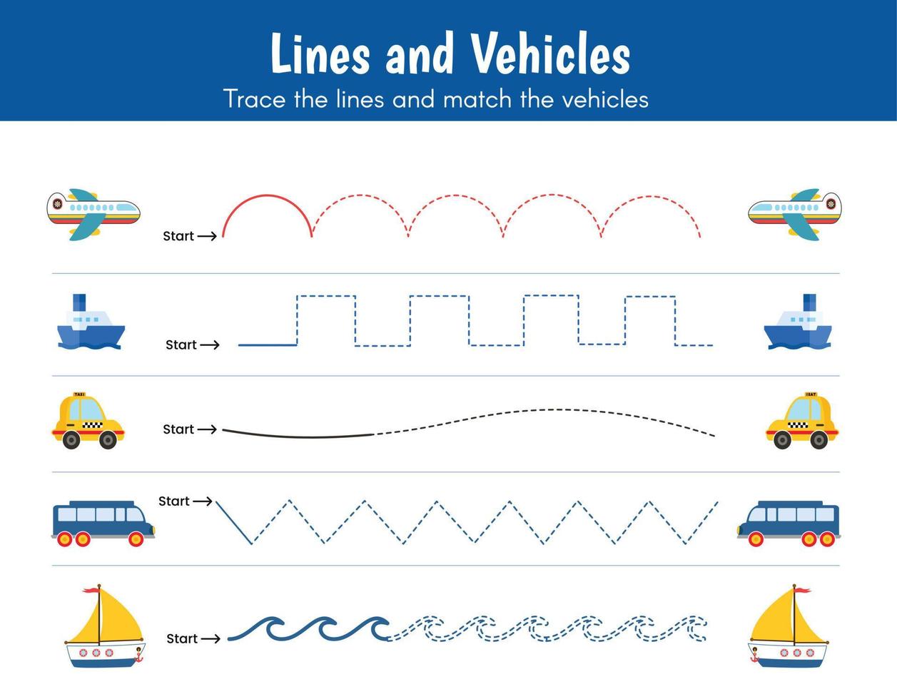 Preschool worksheet, trace the curved, zig zag, wavy lines to match the vehicles. Airplane, ship, taxi, bus, cruise. Educational activity of fine motor skills for kindergarten. Lines and vehicles. vector