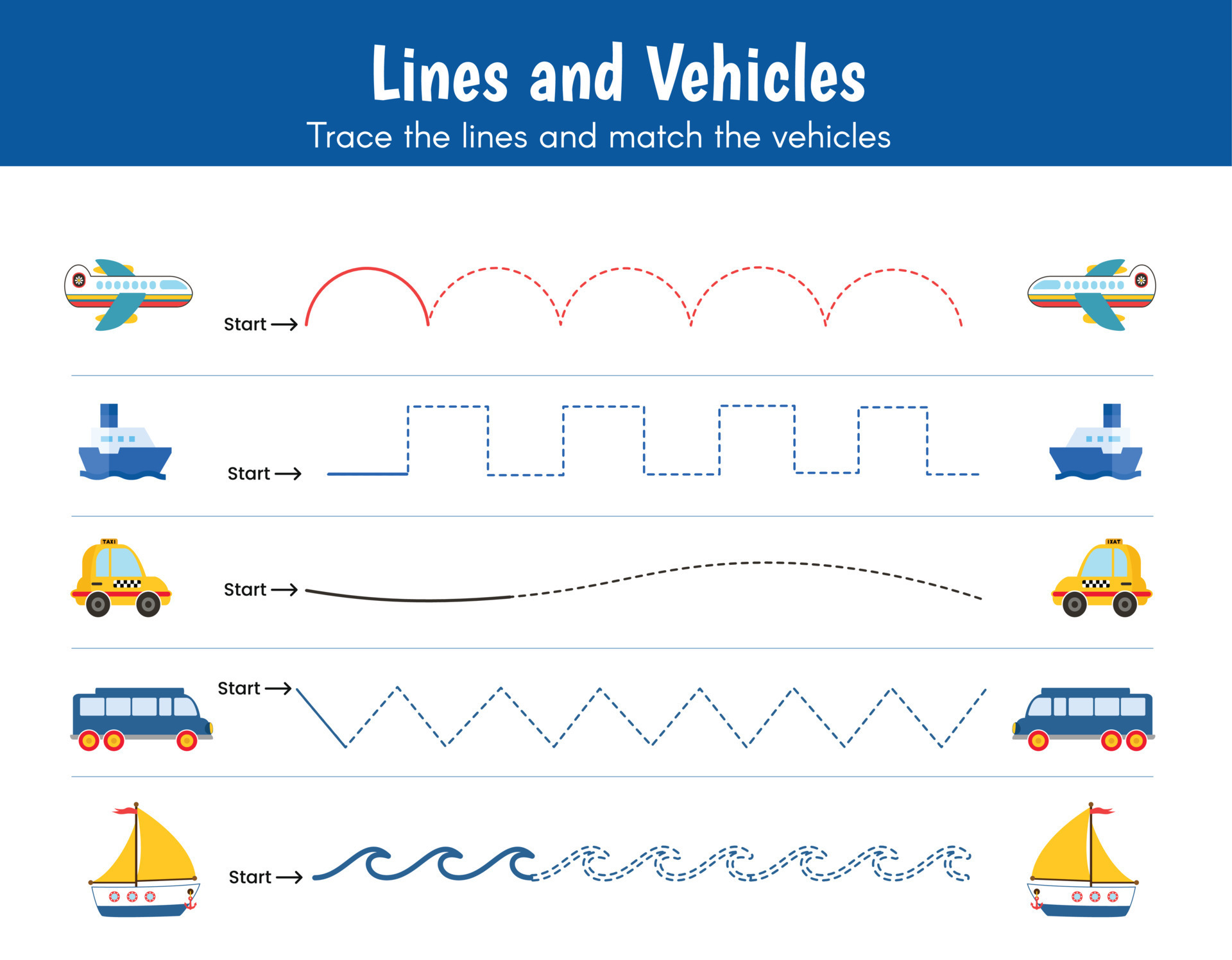 Preschool worksheet, trace the curved, zig zag, wavy lines to match the