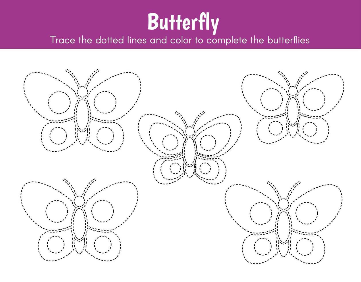Trace and coloring activity for kids. Drawing worksheet for preschool kids with easy gaming level of difficulty, a simple educational game of Butterfly Insect. vector