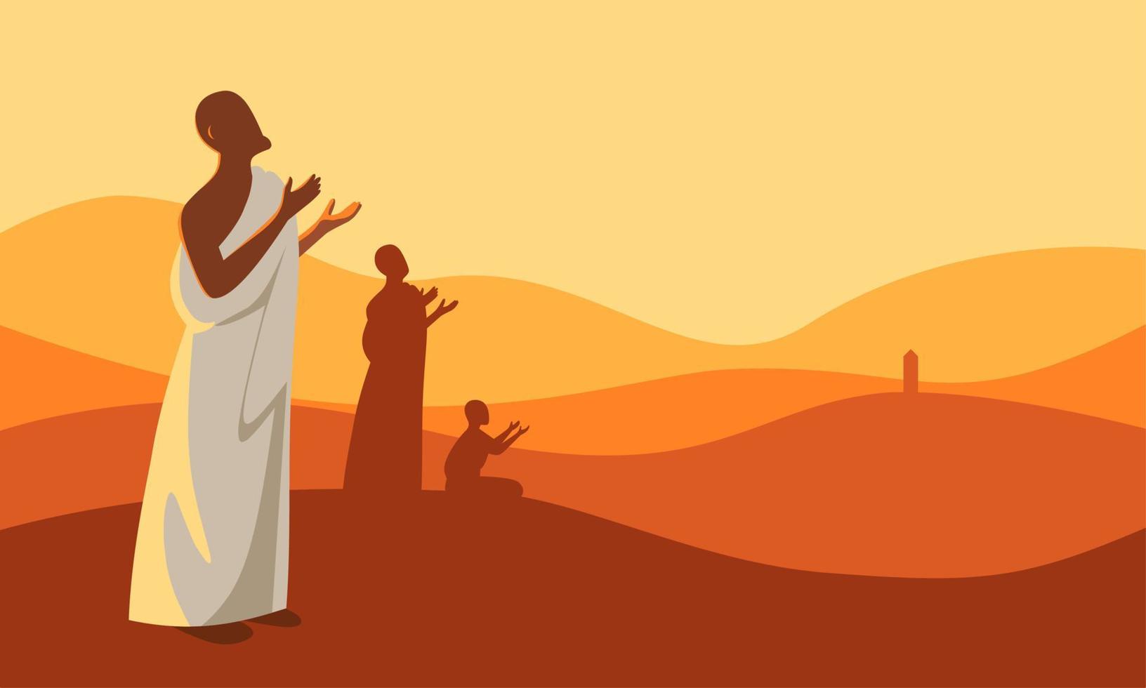 Muslim men perform Hajj. praying in the mountains of Jabal Rahmah in Arafat. faceless flat style. vector illustration.