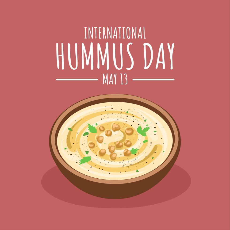 Top view of hummus, isolated on red background, as international hummus day template. vector illustration.