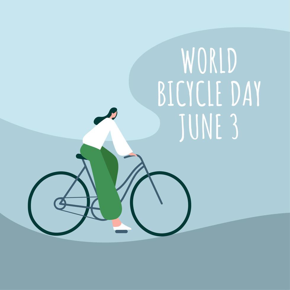 Vector illustration of a cycling girl, flat style design, as a banner or poster, world bicycle day.