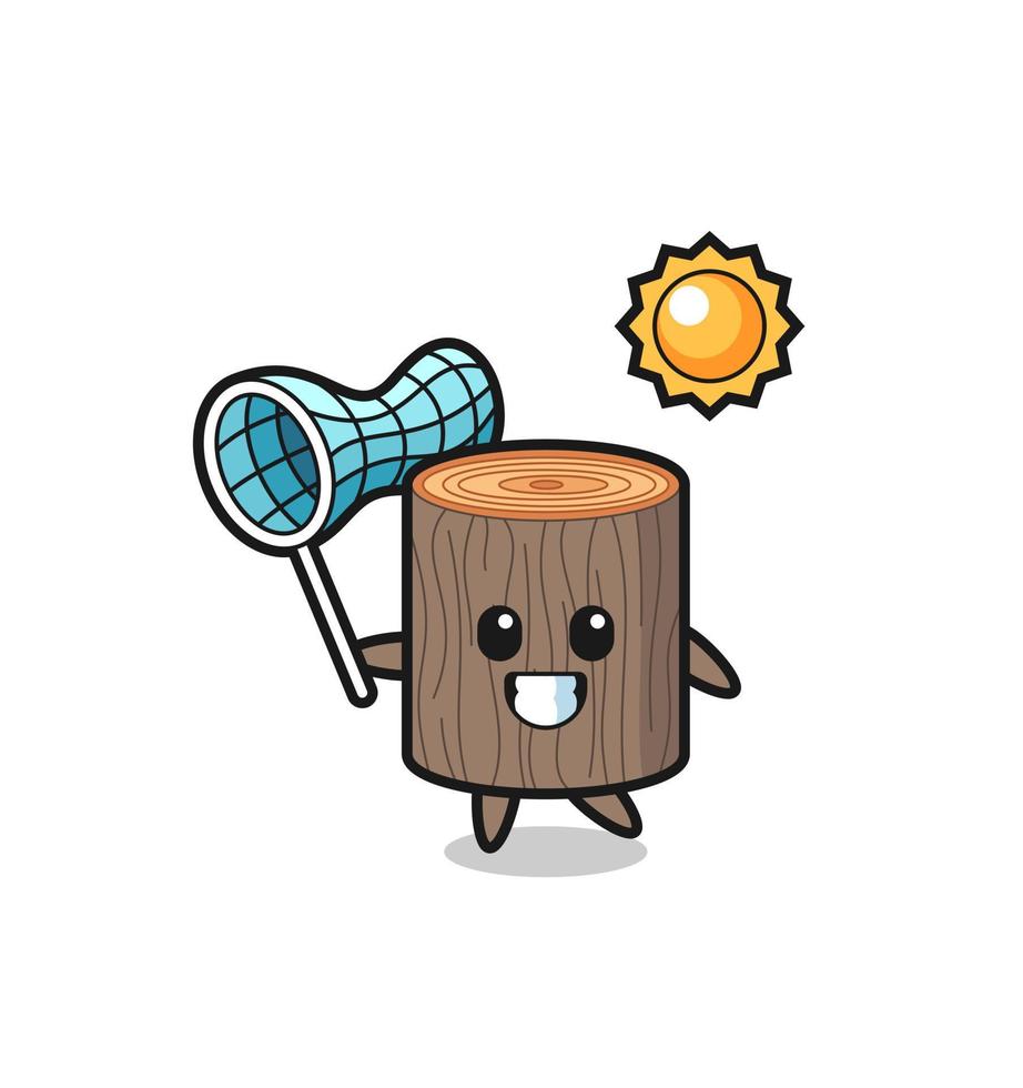 tree stump mascot illustration is catching butterfly vector