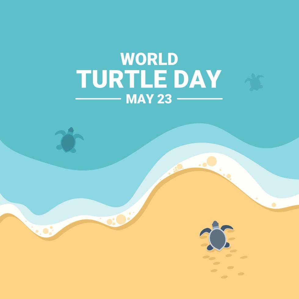 Baby turtle heading to sea after hatching, as world turtle day banner or poster, vector illustration.