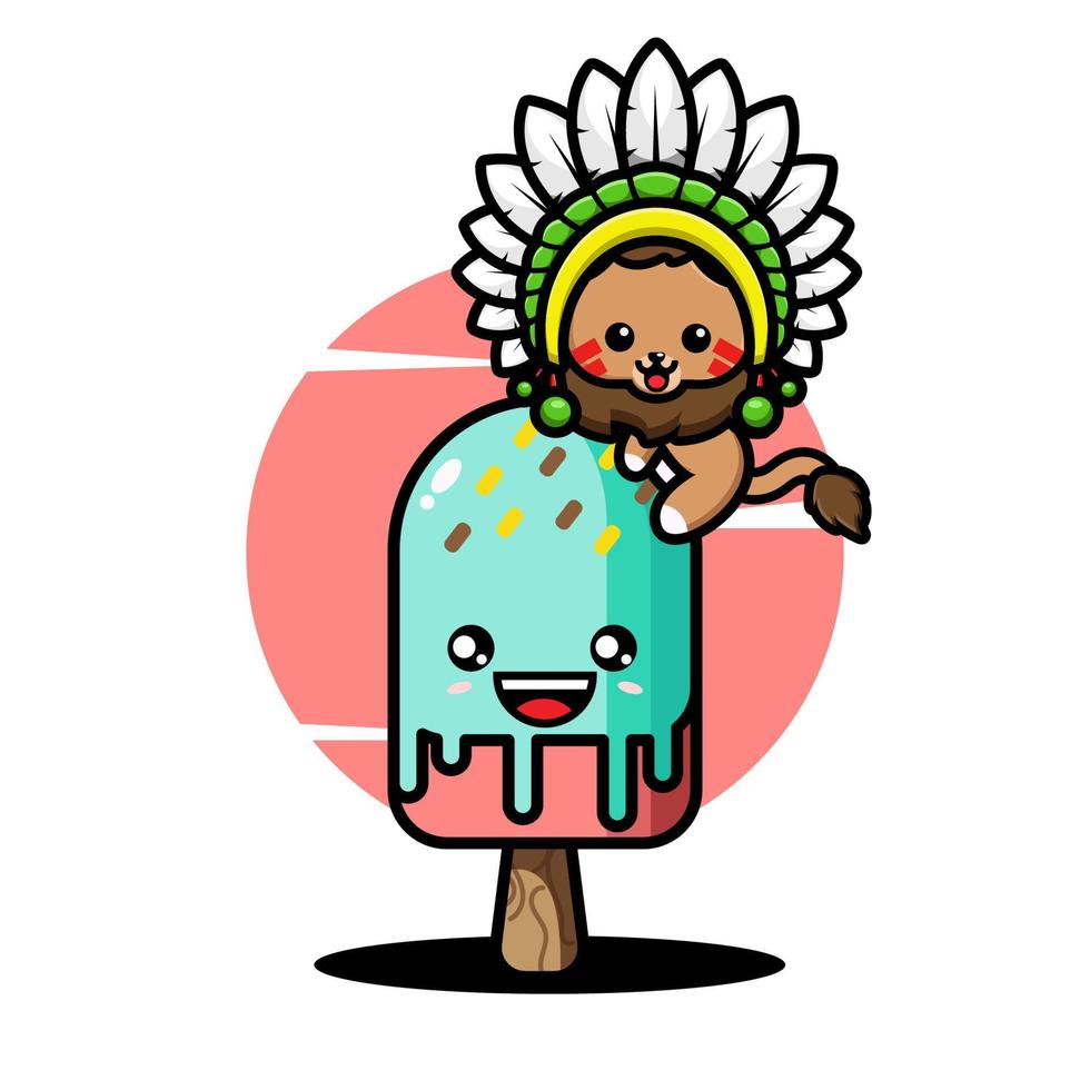 lindo jefe indio león abrazo helado dibujos animados vector