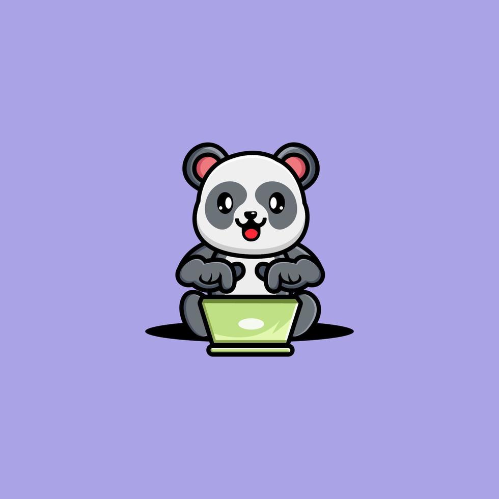 Cute panda operating laptop cartoon vector illustration